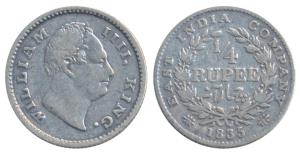 William IV, Silver ¼ Rupee, 1835, Calcutta Mint, Dug out F incuse, Wreath with 19 Berries 