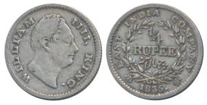 William IV, Silver ¼ Rupee, 1835, Calcutta Mint, Dug out F incuse, Wreath with 18 Berries 