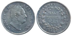 William IV, Silver ½ Rupee, 1835, Calcutta Mint, RS incuse, 21 Berries, (Prid 66). About V