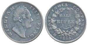William IV, Silver ½ Rupee, 1835, Calcutta Mint, F incuse, 21 Berries, (Prid 68). Fine+, S