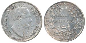 William IV, Silver ½ Rupee, 1835, Calcutta Mint, F incuse, 20 Berries, (Prid 69). About Ve
