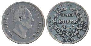 William IV, Silver ½ Rupee, 1835, Calcutta Mint, F incuse, 19 Berries, (Prid 70). About Ve