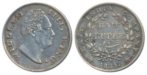 William IV, Silver ½ Rupee, 1835, Calcutta Mint, F raised, 19 Berries, (Prid 71). Extremel
