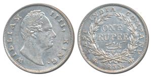 William IV, Silver Rupee, 1835, Calcutta Mint, F raised, A / I, Two leaves, 19 Berries, (P