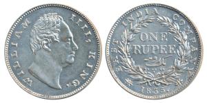 William IV, Silver Rupee, 1835, Calcutta Mint, F incuse, A / I, Two Leaves, 19 Berries, (P