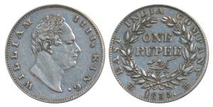 William IV, Silver Rupee, 1835, Calcutta Mint, F incuse, A / II, Two Leaves, 19 Berries, U