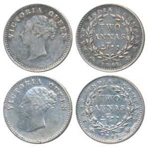 Victoria Queen, Silver 2 Annas, 1841, continuous legend, Calcutta Mint, English Head, Cres