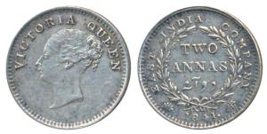 Victoria Queen, Silver 2 Annas, 1841, continuous legend, Madras Mint, English Head, S incu