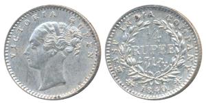 Victoria Queen, Silver ¼ Rupee, 1840, continuous legend, Calcutta Mint, English Head, 20 B