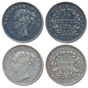 Victoria Queen, Silver ¼ Rupee (2), 1840, continuous legend, Madras Mint, English Head, S 