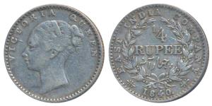 Victoria Queen, Silver ¼ Rupee, 1840, continuous legend, Calcutta Mint, Indian head, incus