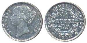 Victoria Queen, Silver ¼ Rupee, 1840, Divided Legend, Calcutta / Bombay Mint, WW raised, 1