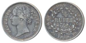 Victoria Queen, Silver ¼ Rupee, 1840, divided Legend, Calcutta Mint, Mule, WW raised, wrea