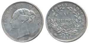 Victoria Queen, Silver ½ Rupee, 1840, continuous legend, Bombay Mint, English Head, 19 Ber