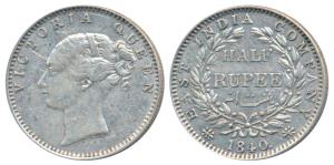 Victoria Queen, Silver ½ Rupee, 1840, Continuous legend, Madras Mint, English Head, 19 Ber
