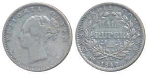 Victoria Queen, Silver ½ Rupee, 1840, continuous legend, Calcutta Mint, Indian Head, 19 Be