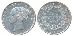 Victoria Queen, Silver Rupee, 1840, continuous legend, Calcutta Mint, English Head, Rev. I