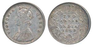 Victoria Queen, Silver 2 Annas, 1862, Calcutta Mint, No Mint mark, top three petals of the