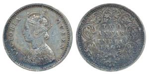 Victoria Queen, Silver 2 Annas, 1862, Madras Mint, (Prid 487). Very Fine+, Rare.