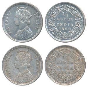 Victoria Queen, Silver ¼ Rupee (2), 1862, Bombay Mint, A / I / No mint mark, (Prid 377); 1