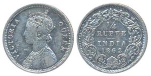 Victoria Queen, Silver ¼ Rupee, 1862, Madras Mint, A / I / No mint mark, inverted numeral 