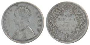 Victoria Queen, Silver ½ Rupee, 1862, Calcutta Mint, C / II, obv. as Wyon’s Design, (Prid 