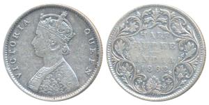 Victoria Queen, Silver ½ Rupee, 1862, Bombay Mint, B1 / II, Round pearls in the crown, (Pr