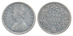 Victoria Queen, Silver ½ Rupee, 1862, Bombay Mint, B1 / II, Round pearls in the crown, (va