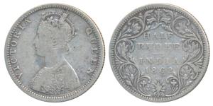 Victoria Queen, Silver ½ Rupee, 1862, Bombay Mint, B2 / II, Elongated pearls in the crown,