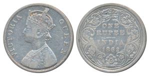 Victoria Queen, Silver Rupee, 1862, Calcutta Mint, B / II, Plain cone, Round pearls in the