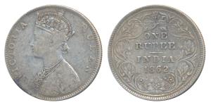 Victoria Queen, Silver Rupee, 1862, Bombay Mint, D / II, double lines to the curves of the