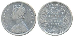 Victoria Queen, Silver Rupee, 1862, Calcutta Mint, A / II, without crescent, plain cones, 