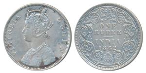 Victoria Queen, Silver Rupee, 1862, Bombay Mint, B / I / 0 / 4, (Prid 80). About Very Fine