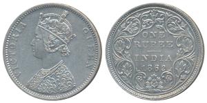 Victoria Queen, Silver Rupee, 1862, Bombay Mint, A / II / 0 / 7, with crescent (Prid 87). 