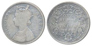 Victoria Queen, Silver Rupee, 1862, Bombay Mint, A / II / 1 / 7, Top dot within top flower
