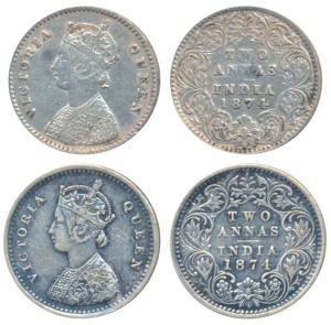 Victoria Queen, Silver 2 Annas, 1874, Calcutta Mint, A / I / No mint mark, (Prid 488); 187