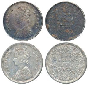 Victoria Queen, Silver 2 Annas (2), 1875, Calcutta Mint, A / I / No mint mark (Prid 489); 
