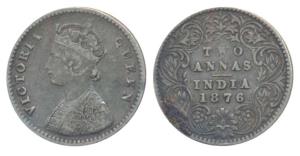 Victoria Queen, Silver 2 Annas, 1876, Calcutta Mint, A / I, No mint mark (Prid 490). Very 