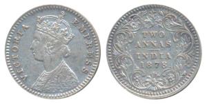 Victoria Empress, Silver 2 Annas, 1878, Calcutta Mint, B / II / No mint mark (Prid 493). V