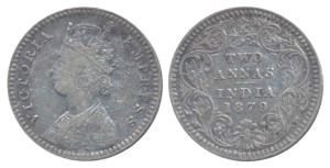 Victoria Empress, Silver 2 Annas, 1879, Calcutta Mint, B / II / C incuse (Prid 494). About
