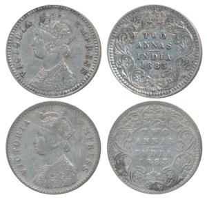 Victoria Empress, Silver 2 Annas (2), 1883, Calcutta Mint, B / II / C incuse (Prid 498); 1