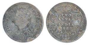 Victoria Empress, Silver 2 Annas, 1883, Bombay Mint, B / II / dot (Prid 530). Fine+, Rare.