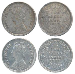 Victoria Empress, Silver 2 Annas (2), 1887, Calcutta Mint, B / II / C incuse (Prid 502); 1