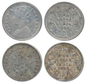Victoria Empress, Silver 2 Annas (2), 1888, Calcutta Mint, B / II / No mint mark (Prid 503