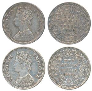Victoria Empress, Silver 2 Annas, 1889, Calcutta Mint, B / II / C incuse (Prid 504); 1889,