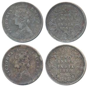 Victoria Empress, Silver 2 Annas, 1890, Calcutta Mint, B / II / C incuse (Prid 505); 1890,