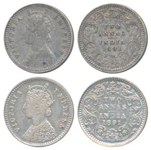 Victoria Empress, Silver 2 Annas (2), 1891, Calcutta Mint, B / II / C incuse (Prid 506); 1