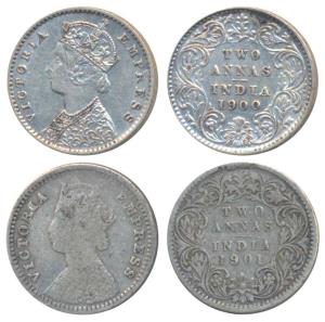 Victoria Empress, Silver 2 Annas (2), 1900, Calcutta Mint, B / II / C incuse (Prid 514); 1