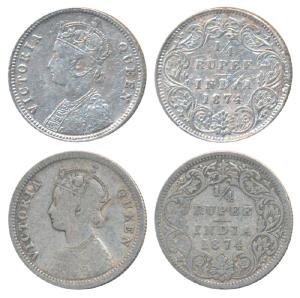 Victoria Queen, Silver ¼ Rupee (2), 1874, Calcutta Mint, A/ I, No mint mark (Prid 379); 18
