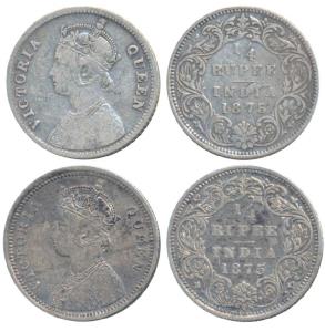 Victoria Queen, Silver ¼ Rupee (2), 1875, Calcutta Mint, A / I / No mint mark (Prid 380); 